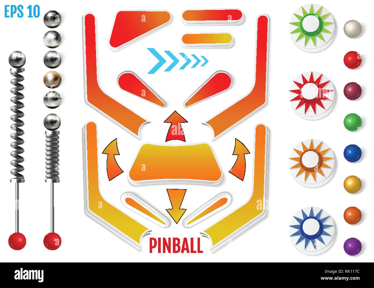 Pinball elements. Colored bumpers and flippers kit. Realistic set with different tools. Game design and creative concepts. Vector Illustration isolate Stock Vector