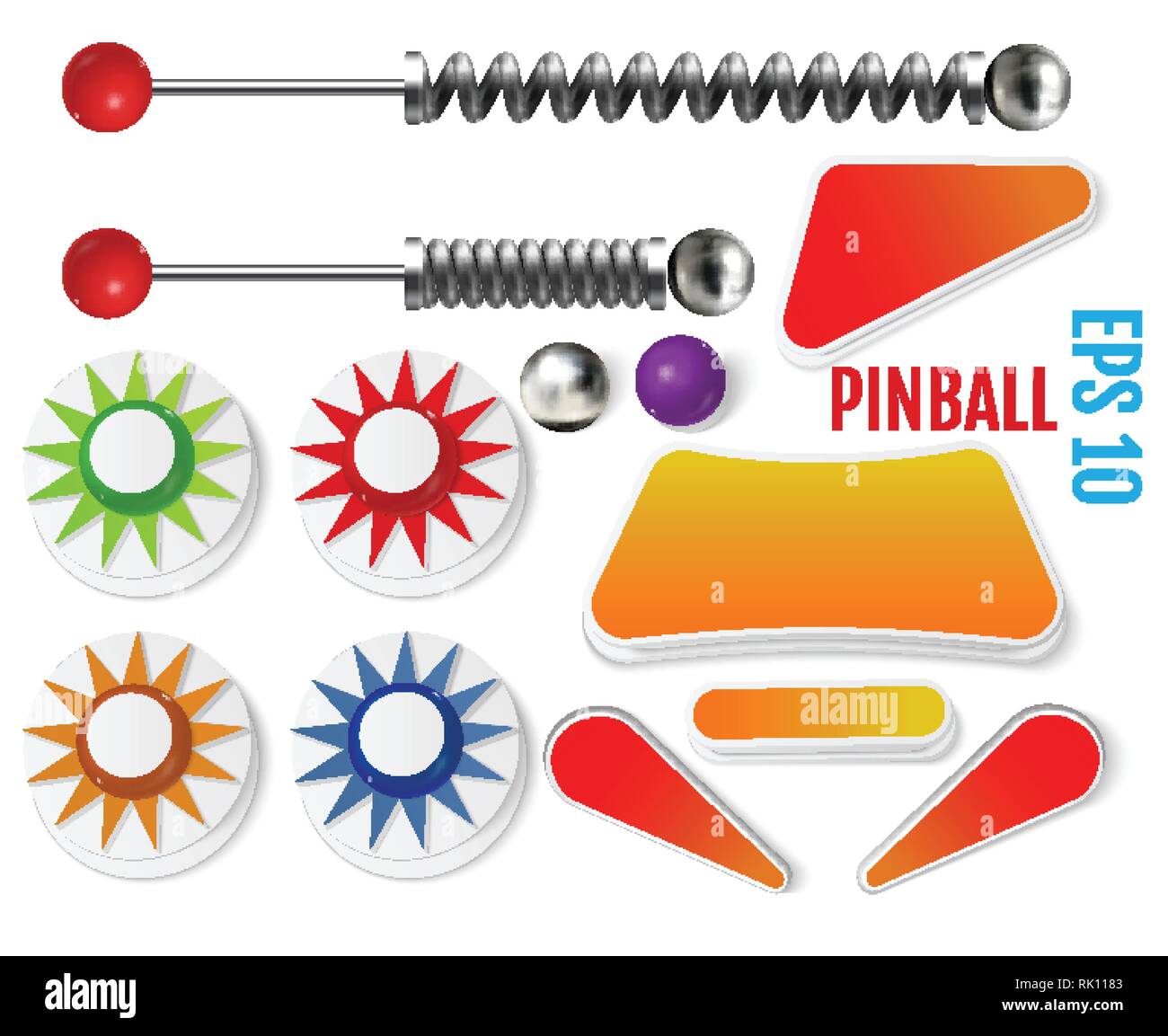 Pinball elements. Realistic set with different tools. Colored bumpers and flippers kit. Game design and creative concepts. Vector Illustration isolate Stock Vector