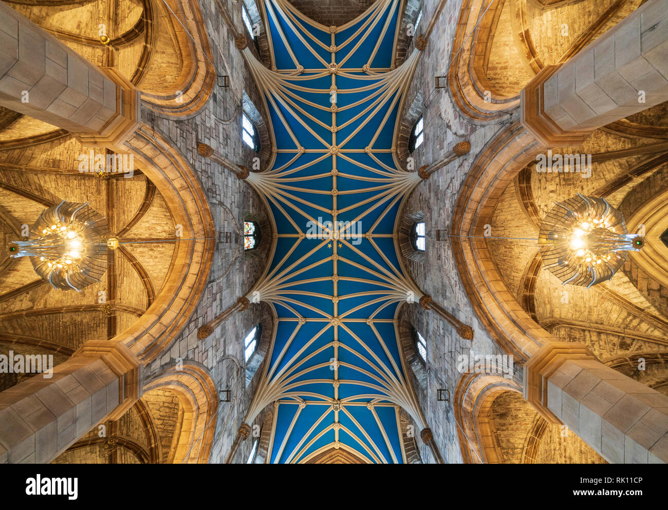 View of ornate roof ceiling of St Giles Cathedral in Edinburgh Old Town, Scotland, UK Stock Photo