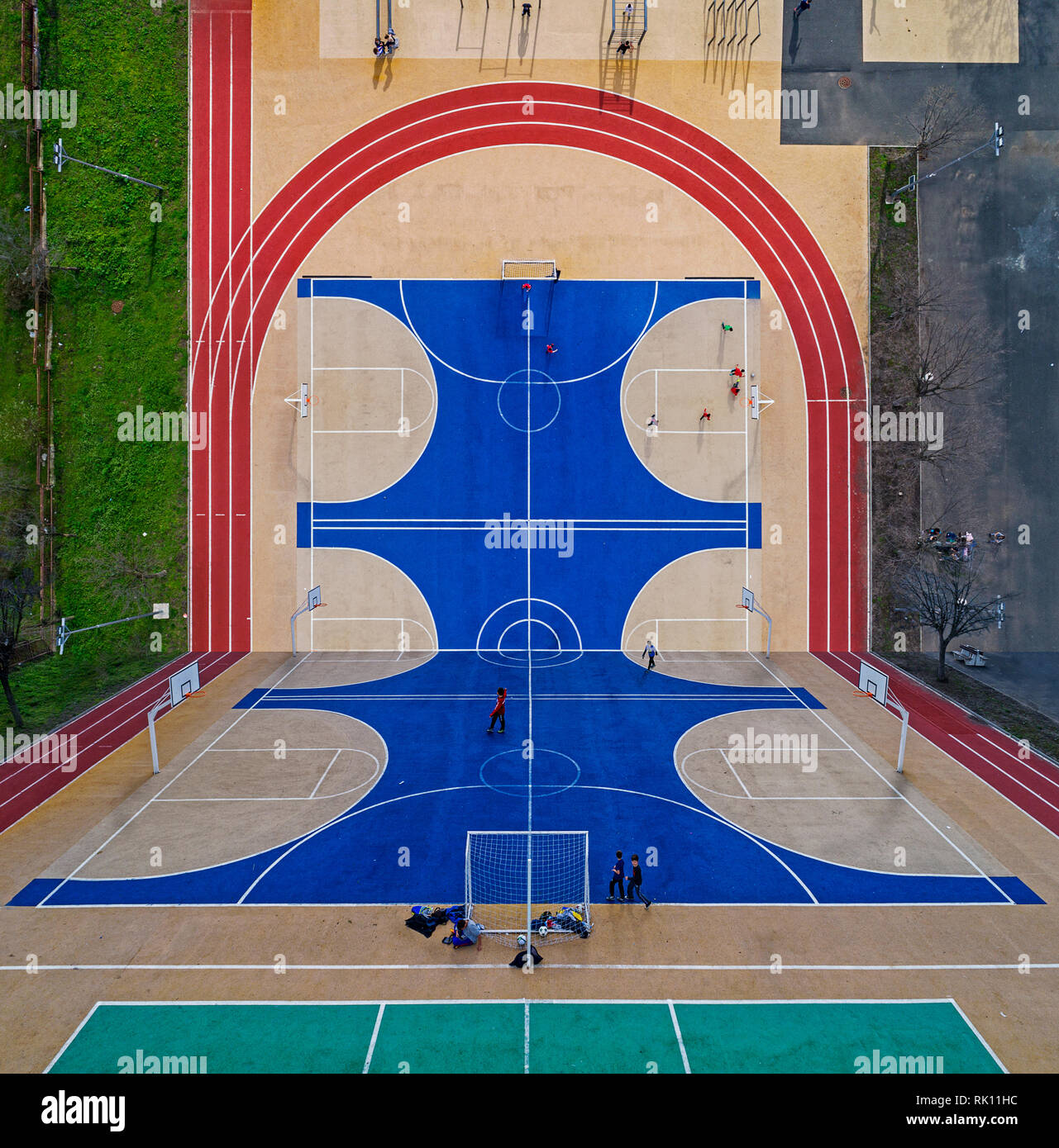 Top View, Bird eye view of school college with Basketball court and football soccer field. Stock Photo