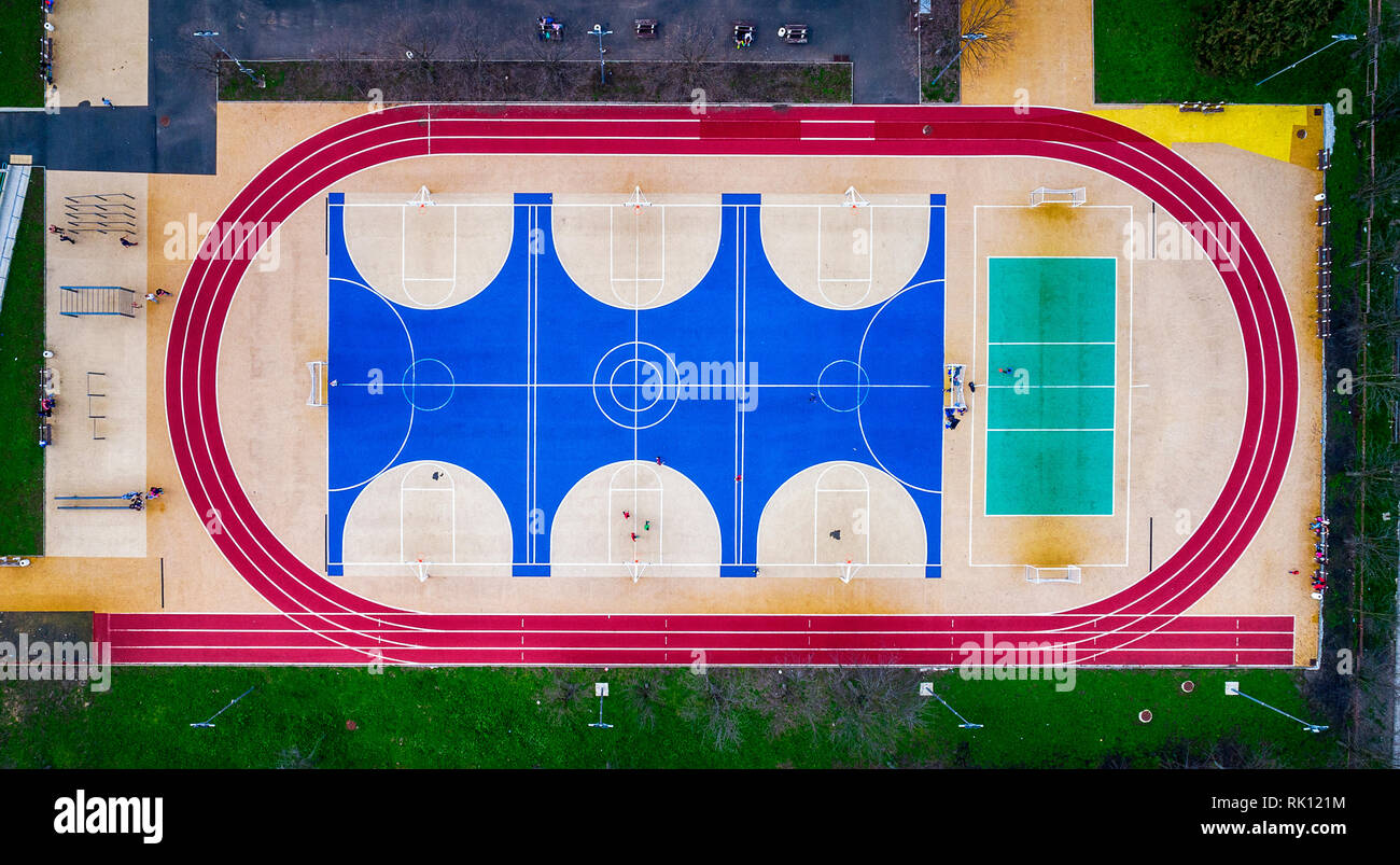 Top View, Bird eye view of school college with Basketball court and football soccer field. Stock Photo