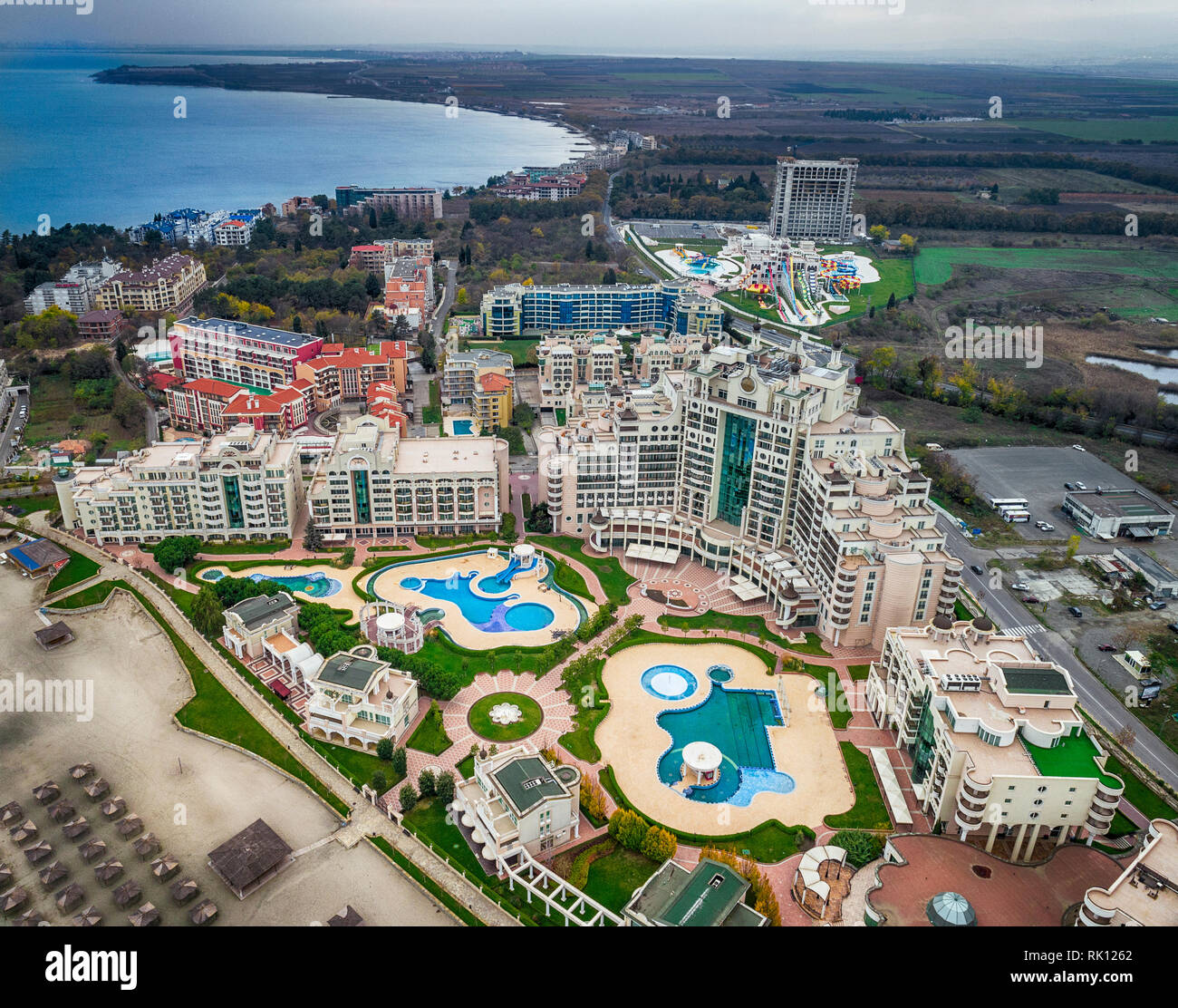 Sunset over a hotel 'Sunset Resort'in Pomorie.Drone top view. Stock Photo