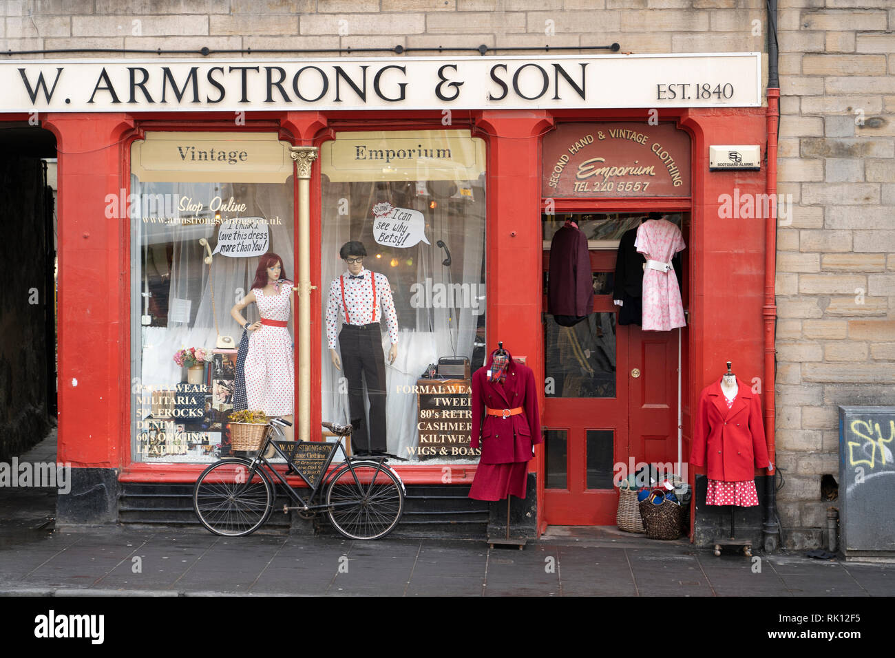 W Armstrong & Son vintage and second hand clothing shop at Grassmarket in Edinburgh Old Town, Scotland, UK Stock Photo