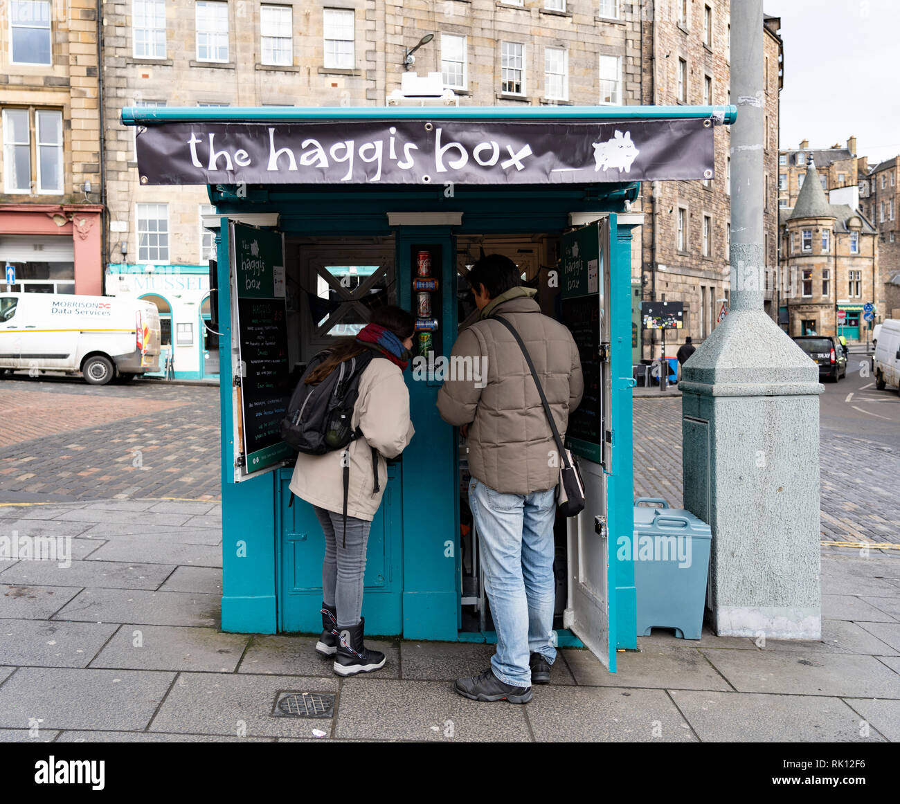 Small kiosk selling Scottish snacks called The Haggis Box, on