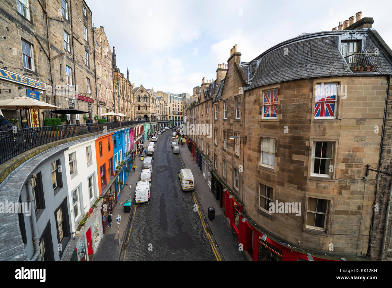 Elevated wide angle view of historic Victoria Street in Edinburgh Old Town, Scotland, UK Stock Photo
