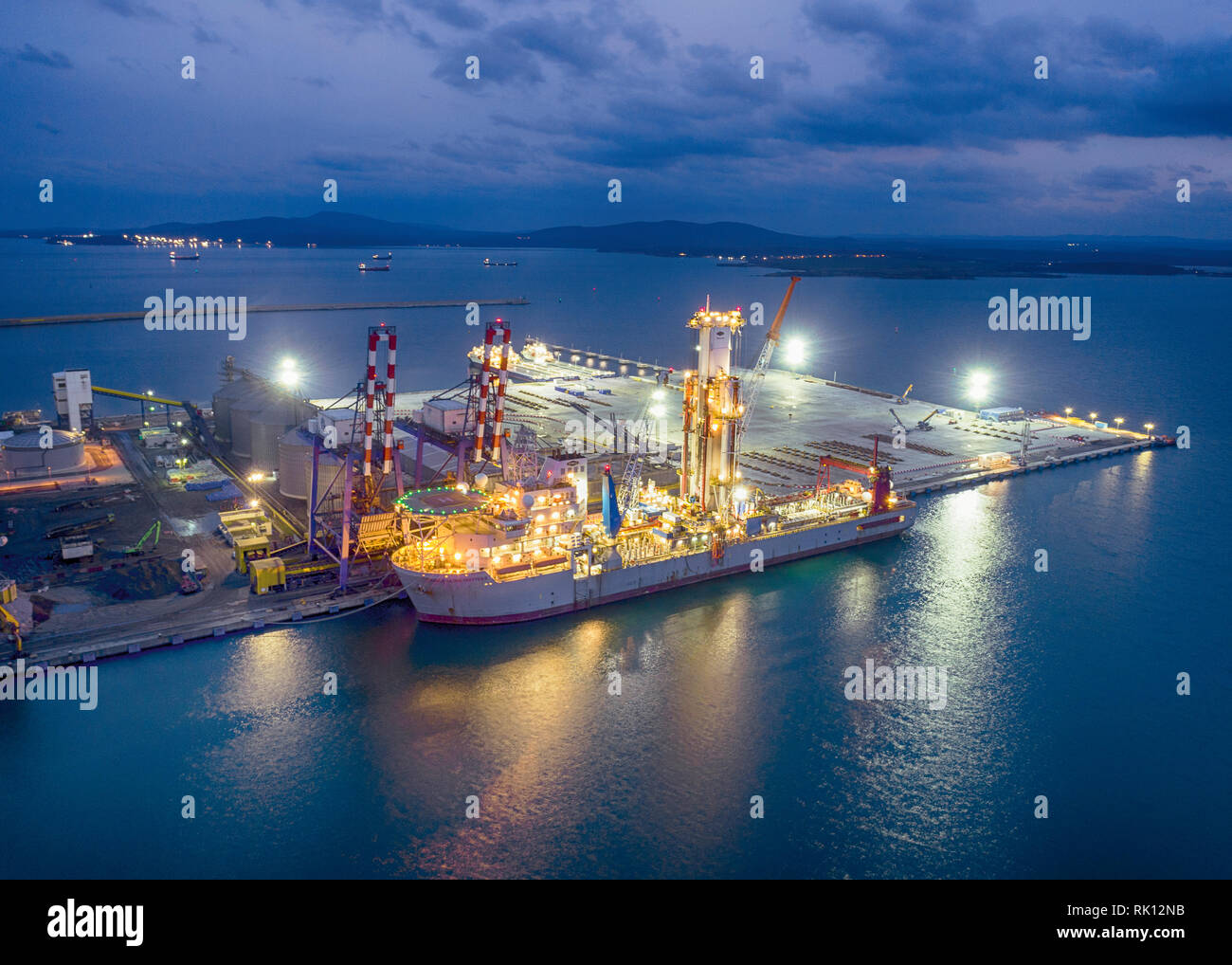 Noble Globetrotter 2, drill ship.With this ship they will seek oil in the Black Sea.Aerial View from Drone Stock Photo