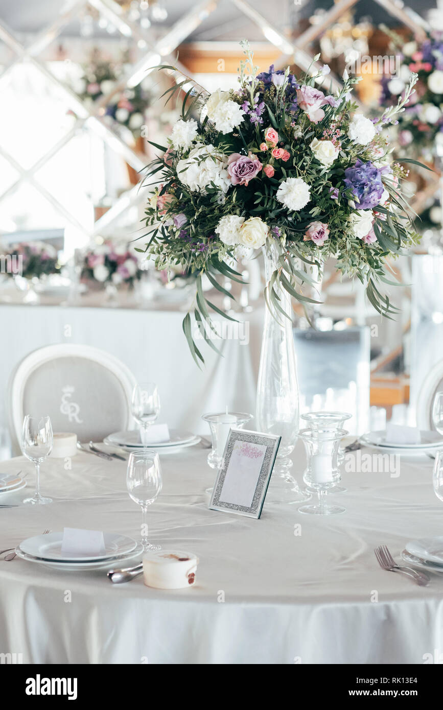 Table set for wedding or another catered event dinner. Stock Photo