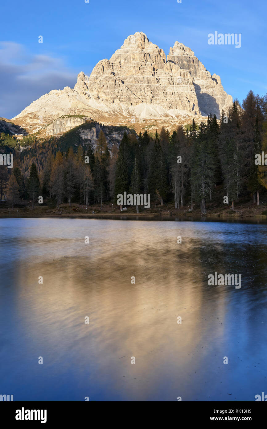 Tre Cima di Lavaredo from Lago d'Antorno, near Misurina, Dolomites, Belluno, Veneto, Italy Stock Photo