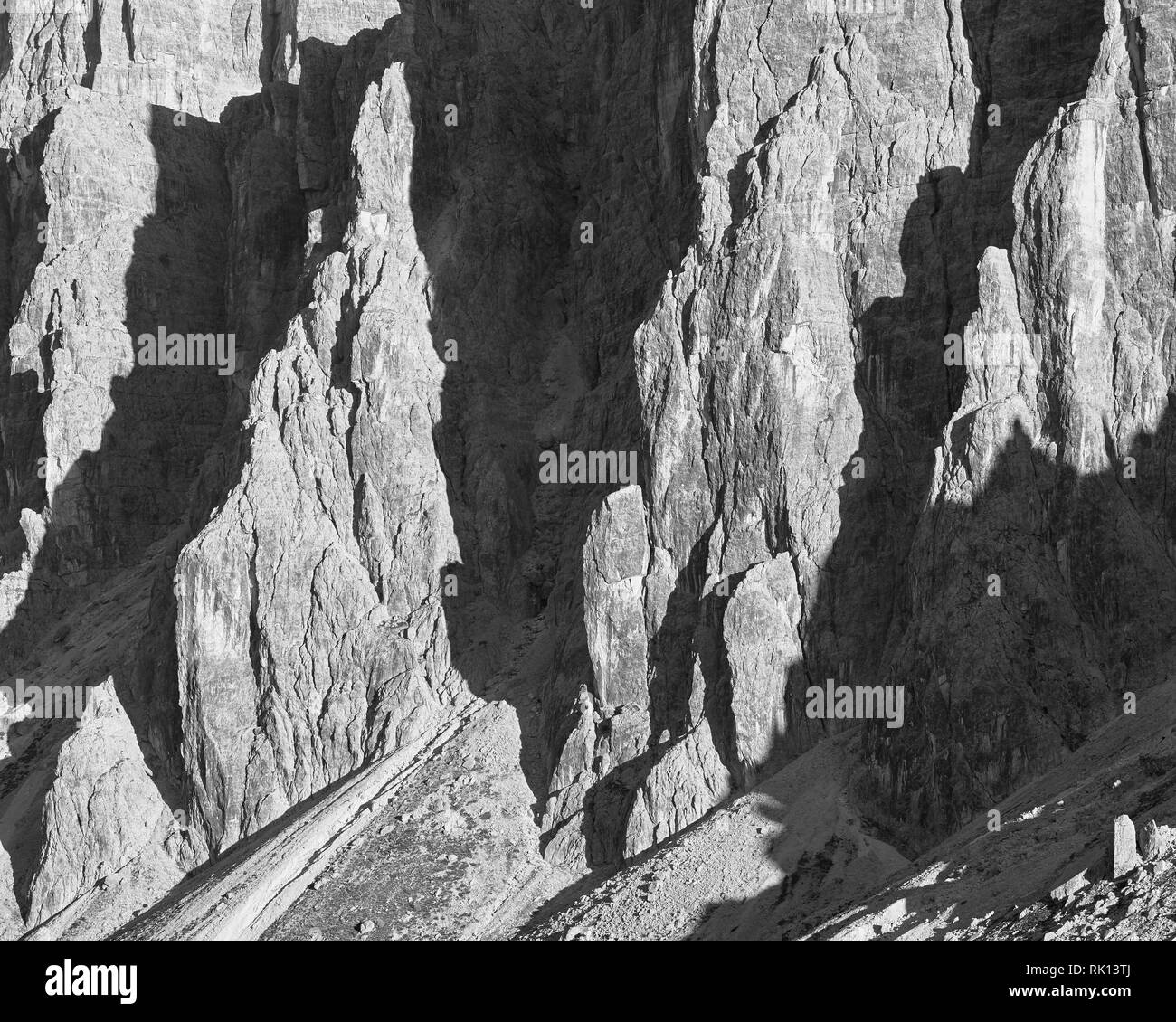 Dolomite cliffs in black and white, from Passo Giau, Veneto, Italy Stock Photo