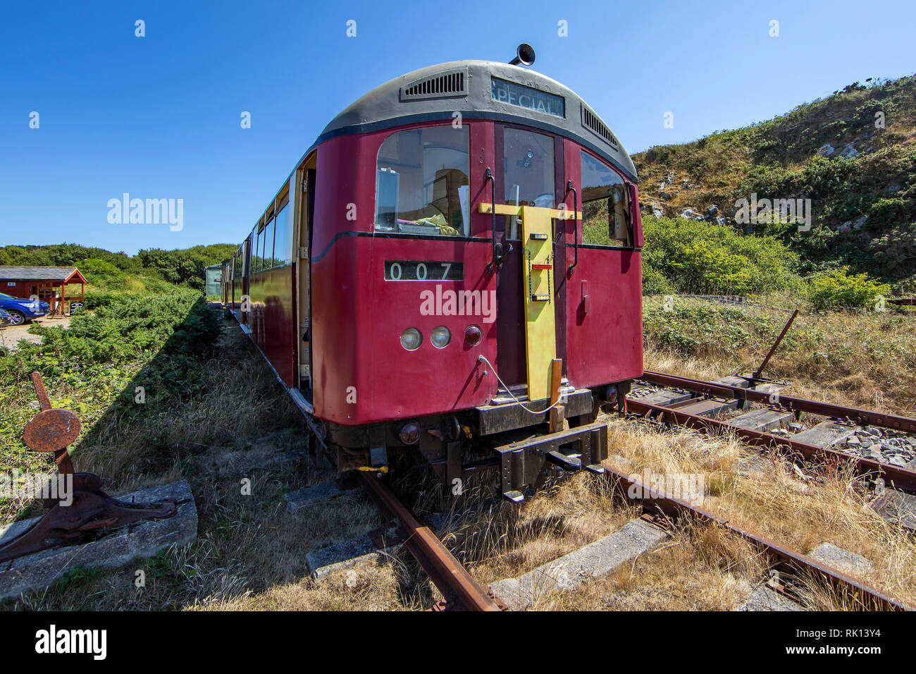 The drivers cab of one of London's 1959 Northern Line Carriages now being used on the Alderney Rail Service. Stock Photo