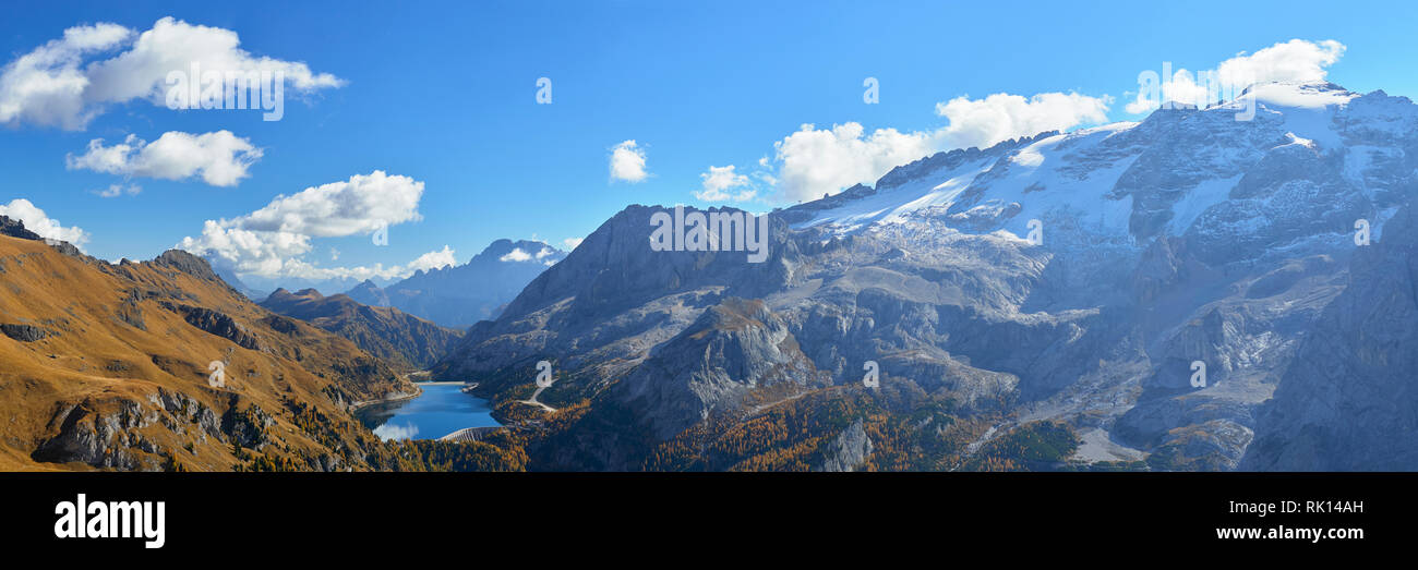 Panoramic view over Lado di Fedaia from the path Viel del Pan, Dolomites, Trentino, Italy. Stock Photo