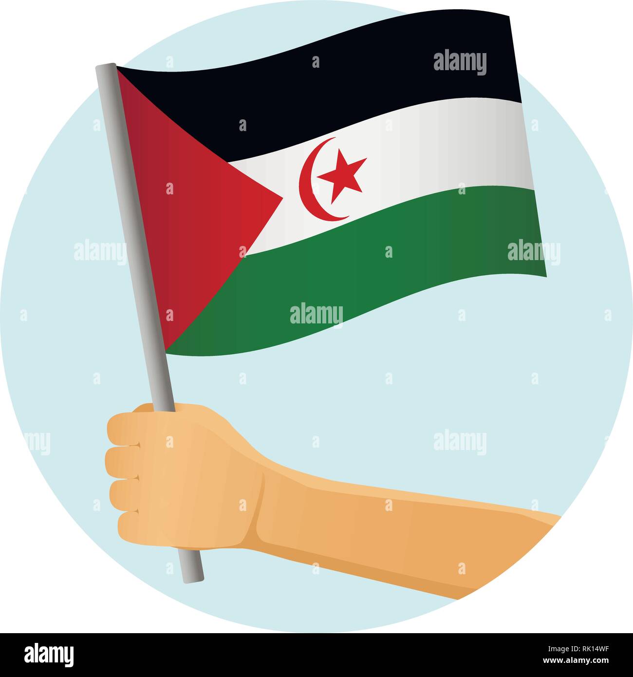 Sahrawi Arab Democratic Republic flag in hand. Patriotic background