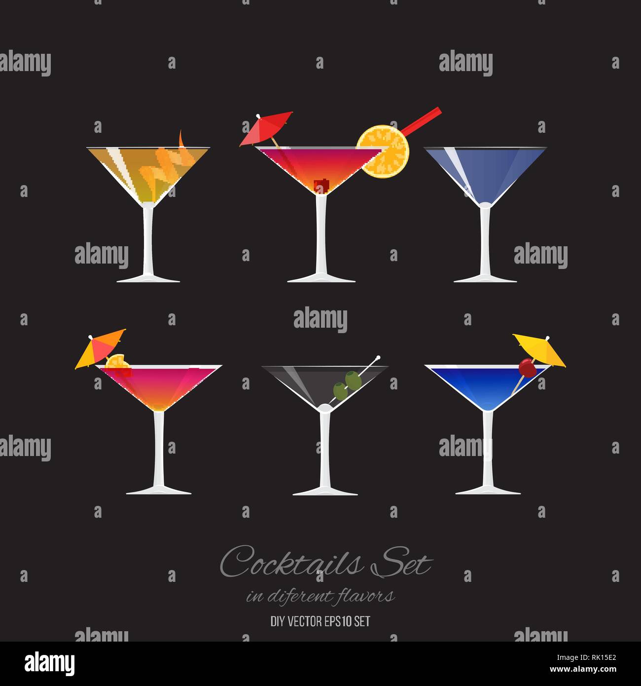 Set of 6 cocktails in martini glass  Laguna cocktail , Cosmopolitan cocktail, Fresh Cherry Daiquiri Cocktail  ,Lions Tail and   Pomegranate Tequila Pu Stock Vector