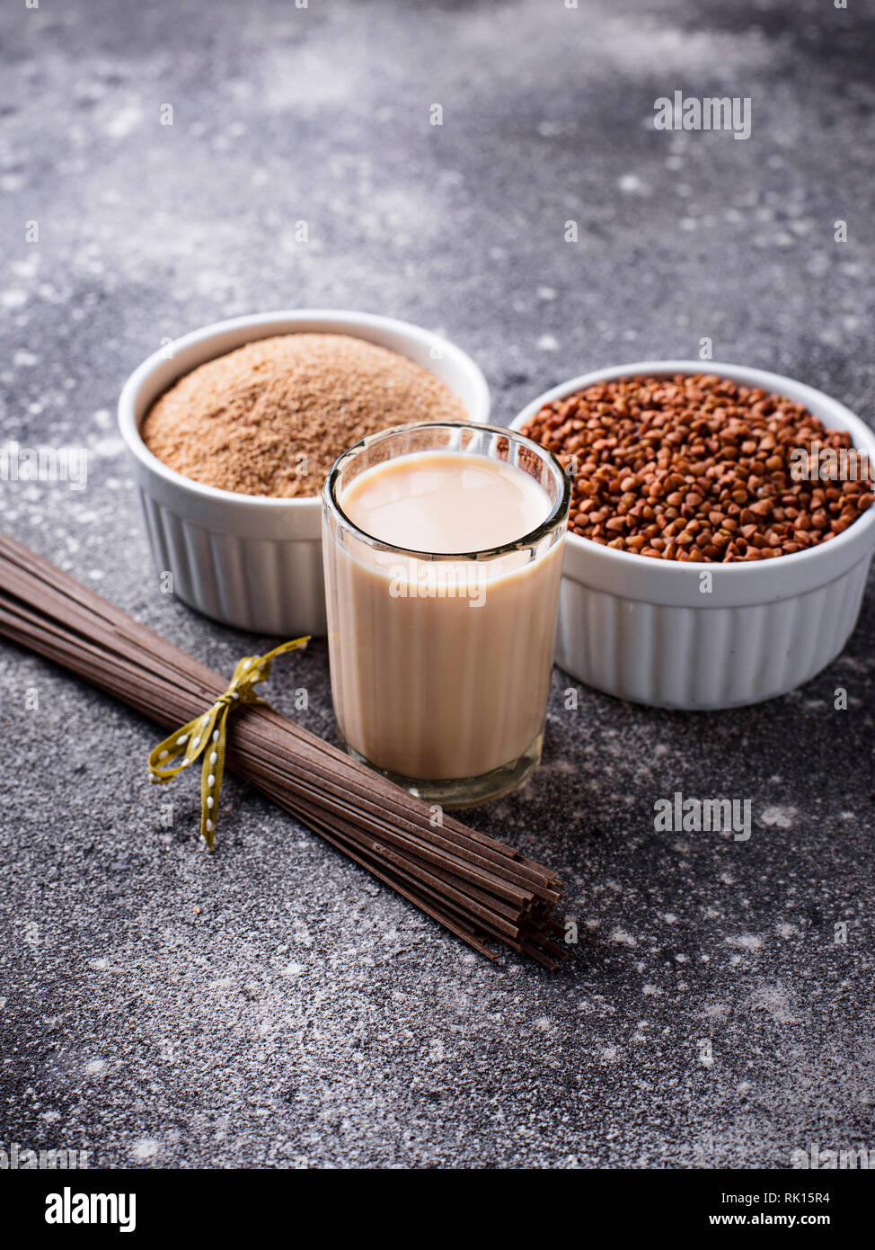 Gluten free buckwheat flour, soba noodle and nondairy milk Stock Photo