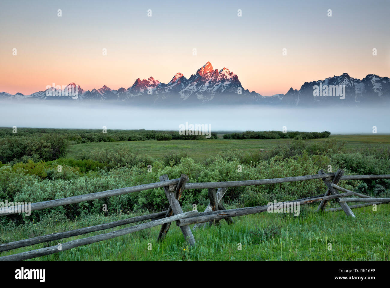WY03342-00...WYOMING - Dawn view from the Cunningham Cabin Historic Site in Grand Teton National Park. Stock Photo