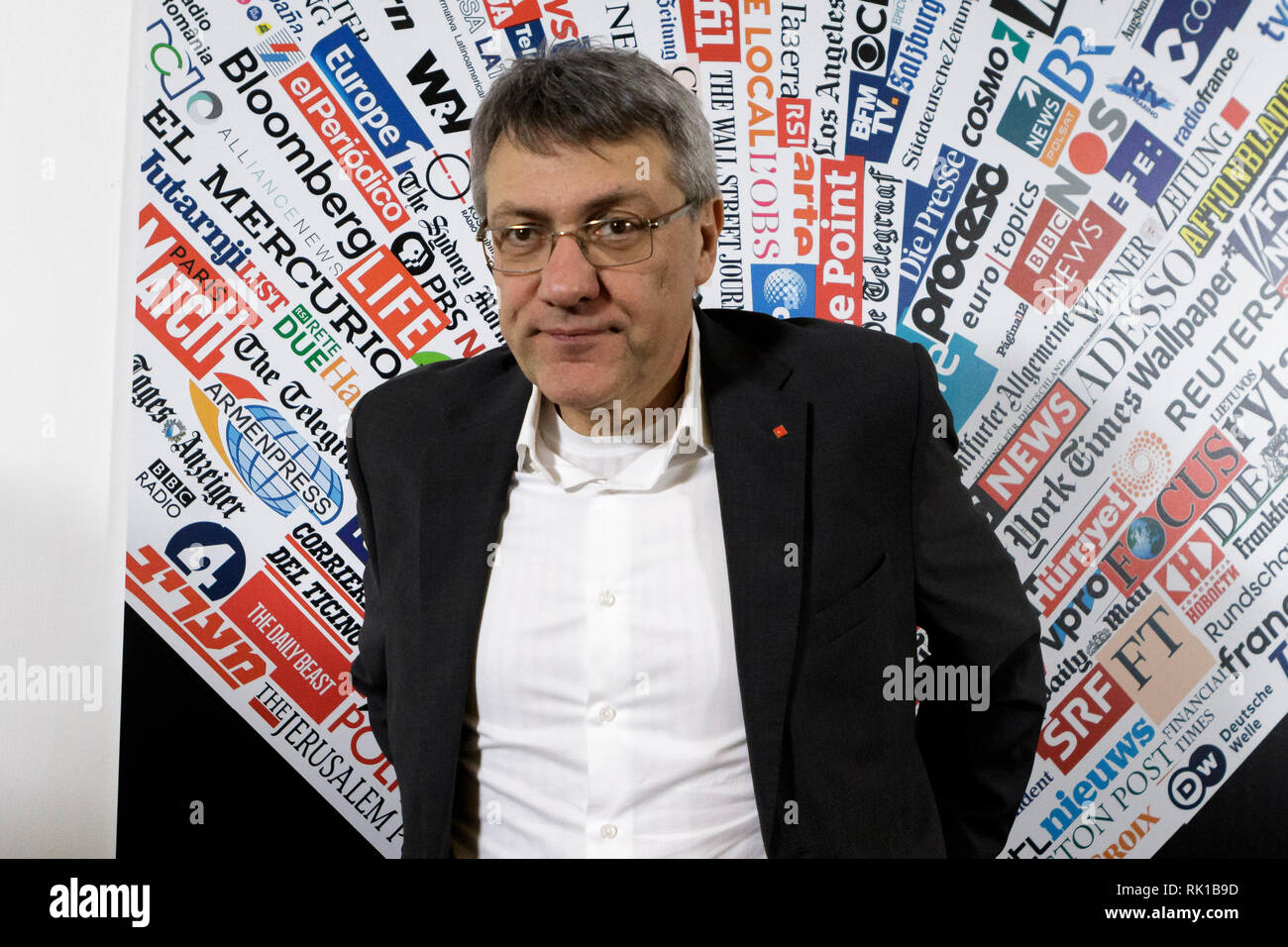 Rome, Italy. 08th Feb, 2019. Maurizio Landini, CGIL trade union Secretary, attends a press conference at Foreign Press Association in Rome, Italy on February 08, 2019. CGIL, CISL and UIL (Italy's major trade unions) will take part in a national demonstration, scheduled for February 9, to protest against the economic policy of the Italian government. Credit: Giuseppe Ciccia/Pacific Press/Alamy Live News Stock Photo