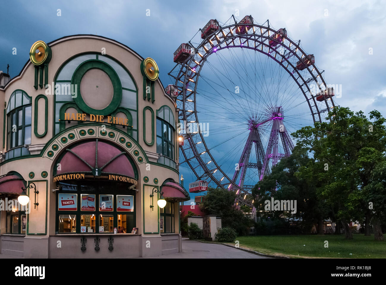 Wiener Riesenrad Ferris wheel in the Prater park, Vienna, Austria, at cloudy dusk Stock Photo