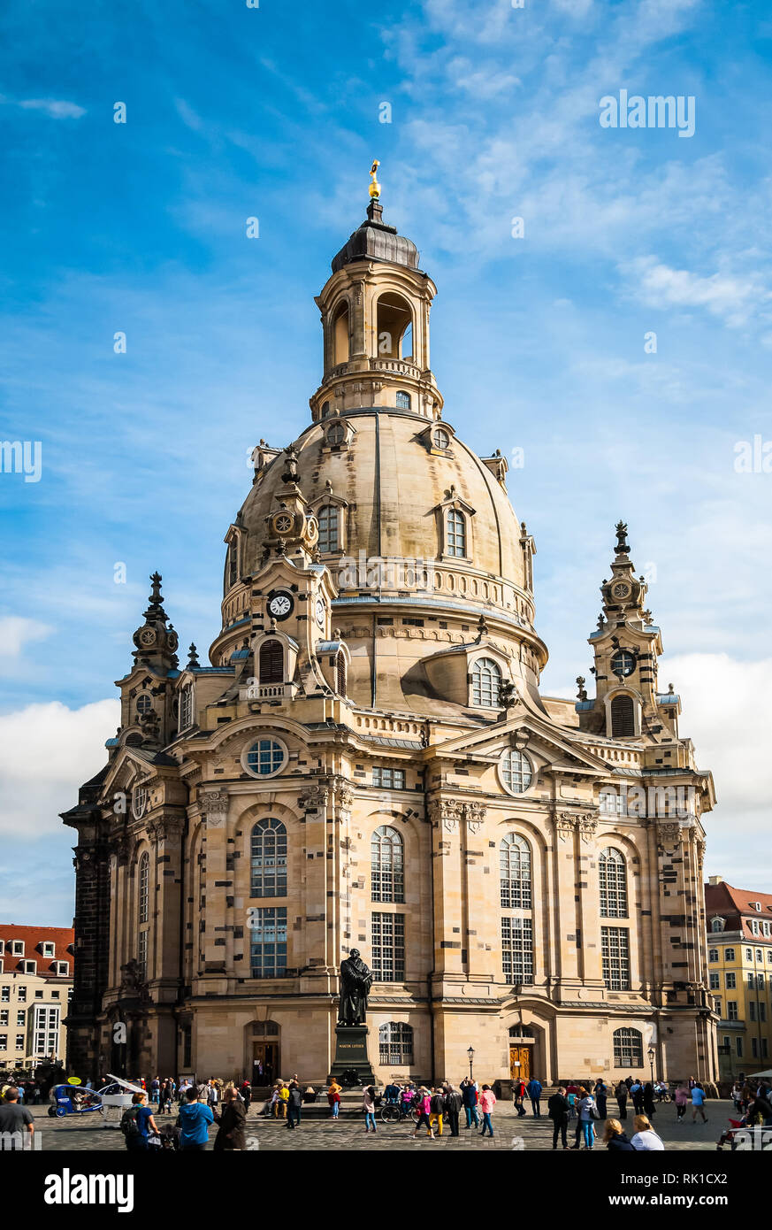 Frauenkirche (Our Lady church) and statue of Martin Luther in the center of old town in Dresden, Germany Stock Photo