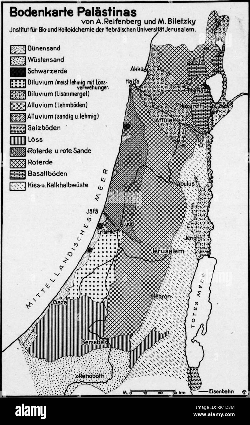 . Arthur and Fritz Kahn Collection 1889-1932. Kahn, Fritz 1888-1968; Kahn, Arthur David 1850-1928; Natural history illustrators; Natural history. '( ^ ^ ^ ^i â -'. f.. 7u nkarte PalÃ¤stinas von A. Reifenberg und M. Biletzky Jnstilut fÃ¼r Biound Kolloidchemie der HebrÃ¤ischen UniversitÃ¤t Jerusalem. 111 â â .â¢ â I â¢ â¢Â« â¢ â¢ â¢ â¢ â¢ â¢ â¢ t t t t â OnÂ°nÂ°r DÃ¼nensand WÃ¼stensand Schwarzerde Diluvium fmeist lehmig mit LÃ¶ss- verwehungen Diluvium (Lisanmergel) Alluvium (LehmbÃ¶den) g:-p^^ Alluvium (sandig u lehmig) [iS^ SalzbÃ¶den LÃ¶ss g5S?a Roterde u. rote Sande Roterde / 'Vvn dtv&lt; / & Stock Photo