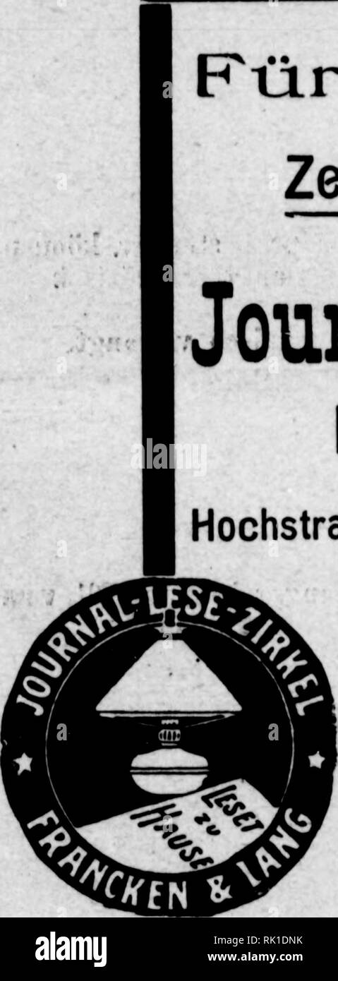 . Arthur and Fritz Kahn Collection 1889-1932. Kahn, Fritz 1888-1968; Kahn, Arthur David 1850-1928; Natural history illustrators; Natural history. nzei^QTL,. Für freie Stunden. Zeitschriften leihweise! Journal-Lese-Zirkel Francken &amp; Lang Fernspr. 4821 Hochstrasse 48. Wir liefern nach allen Vor^ orten frei ins Haus* I von 10 Pfg. pro Woche an Mappe A enthält folgende 11 Journale: Mappe B -enthält folgende 11 Journale: Lind und Meer Gartenlaube Daheim Roman-Zeitung Romanbibliotliek Bueh fOr Alle Güte Stunde Fliegende Blätter Universum Modenweit S.onntagszeitung Fliegende Blätter Meggendorfer  Stock Photo