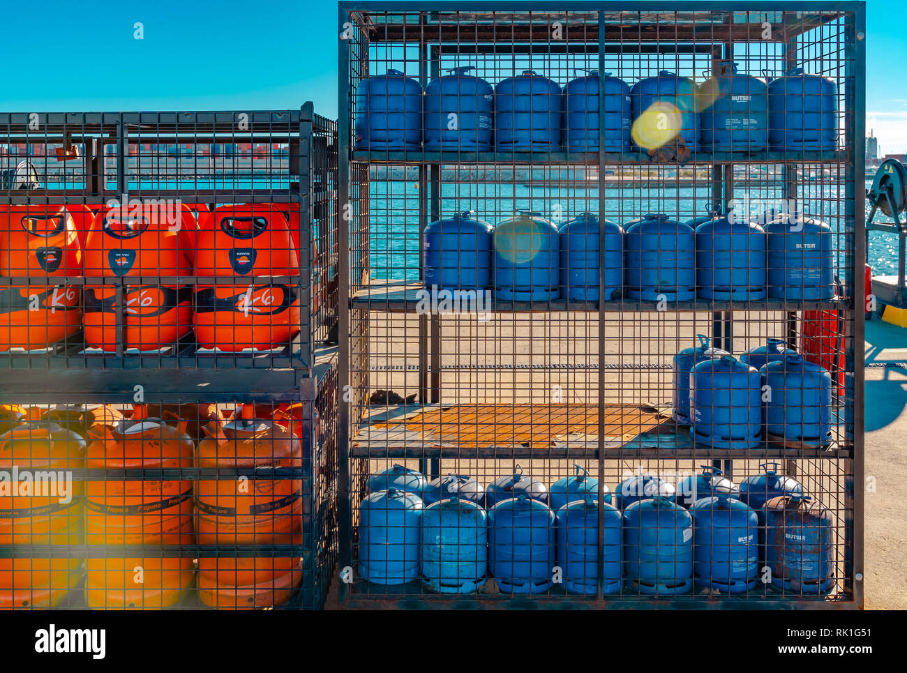 Valencia, Spain February 08, 2019 Nautical gas cans on a shelving. Gasoline and gas canisters