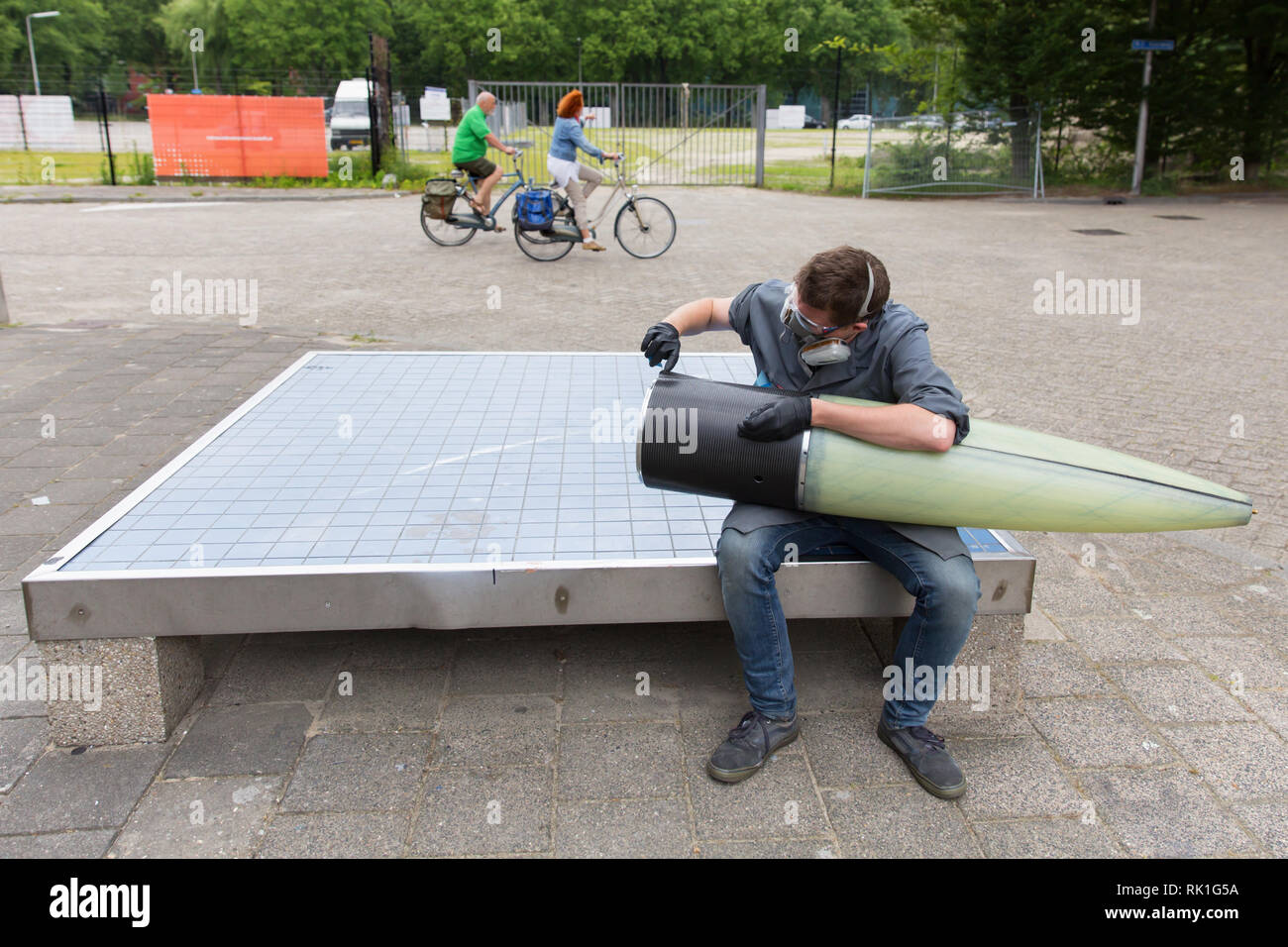 Aerospace engineering students of the Technical University of Delft working on their rocket, the Stratos III Stock Photo