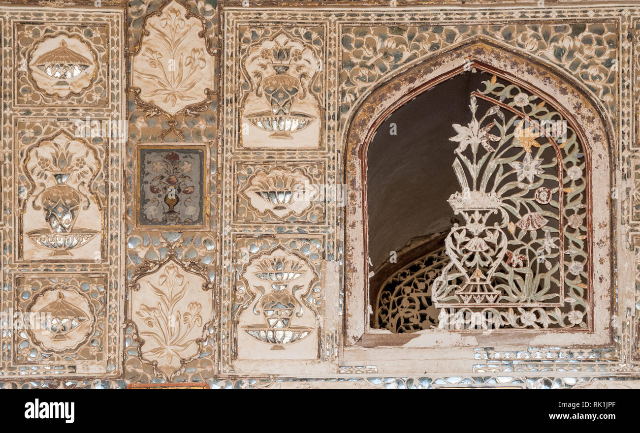 Sheesh Mahal, the Mirror Palace, a famous palace in the third courtyard of Amer Fort in Jaipur, Rajasthan, India. Stock Photo