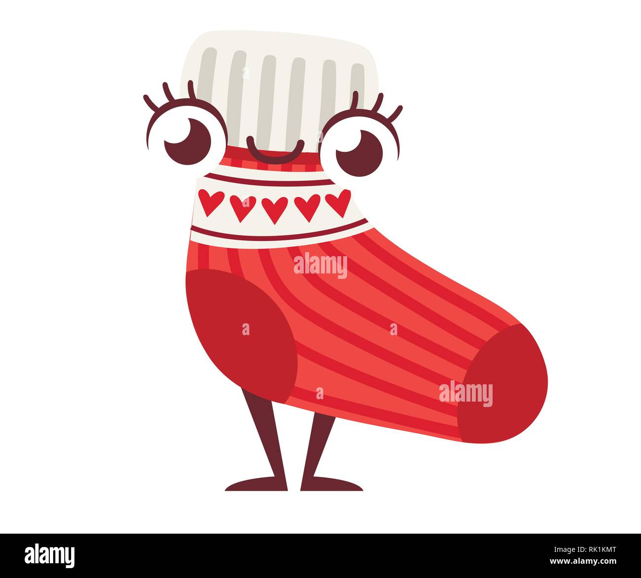 Red wool knitted sock mascot. Cartoon character design. Sock with lines