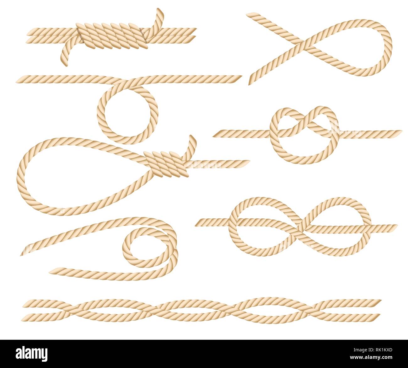 Set of nautical rope knots. Yellow rope. Strong marine rope knots. Flat vector illustration isolated on white background. Stock Vector
