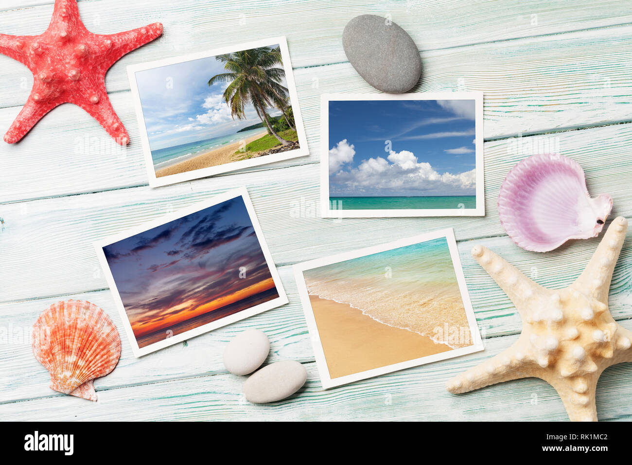 Travel vacation concept with seashells and summer photos on wooden table. Top view. Flat lay. Photos taken by me Stock Photo