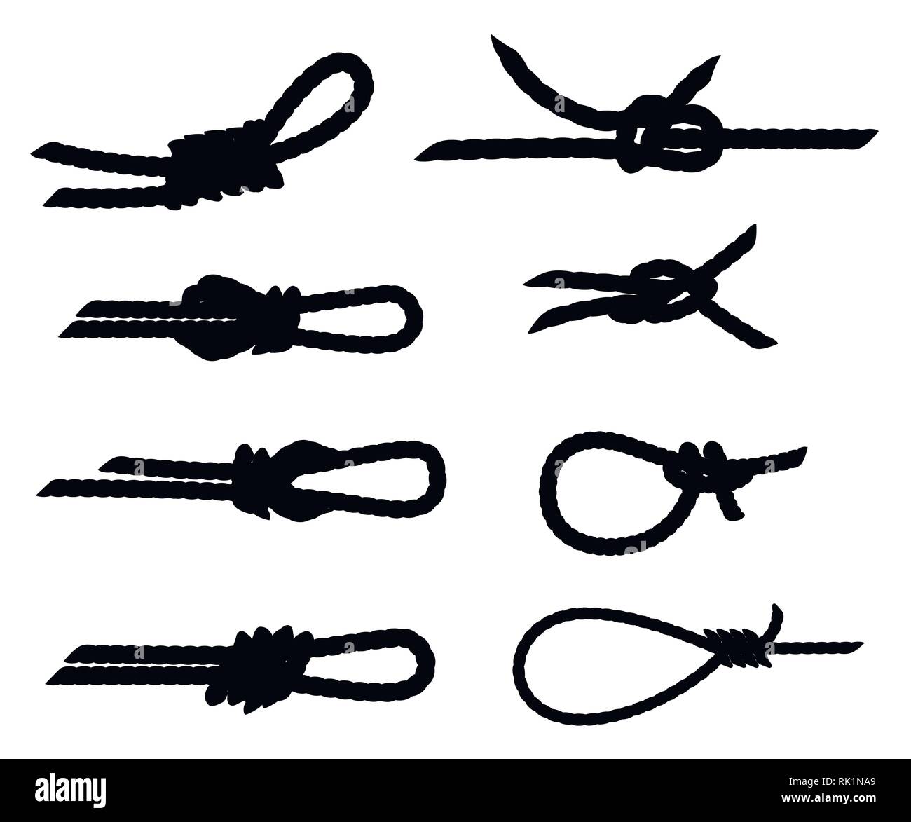 Black silhouette. Set of nautical rope knots. Strong marine rope knots. Flat vector illustration isolated on white background. Stock Vector