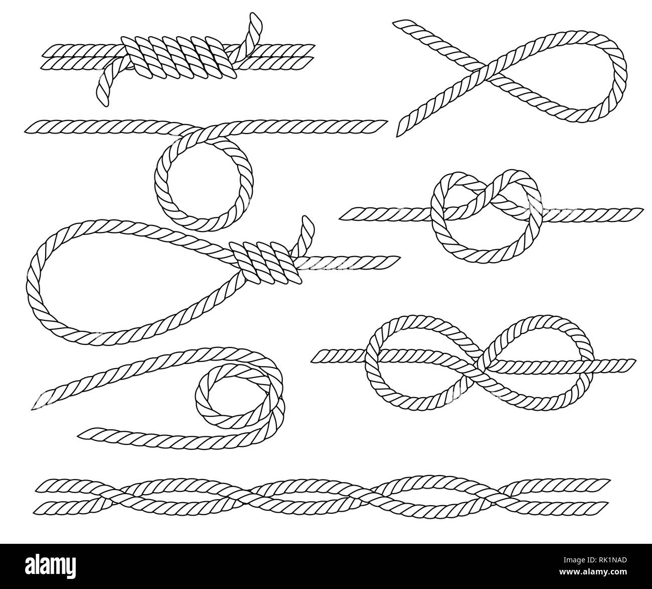 Set of nautical rope knots. Line design. Strong marine rope knots. Flat vector illustration isolated on white background. Stock Vector