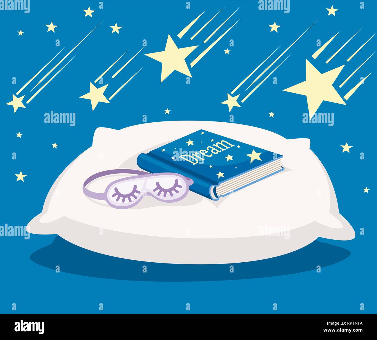 White Sleeping Pillow With Blue Dream Book And Purple Sleep Mask