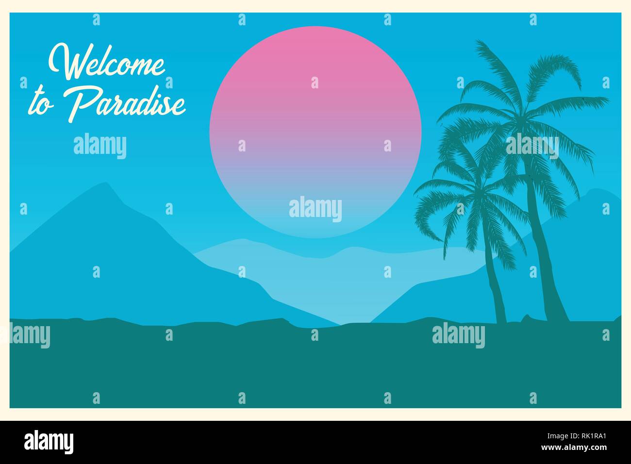 Tropical landscape. Postcard Welcome to paradise Summer background. Palm trees silhouette. Vector illustration. Stock Vector