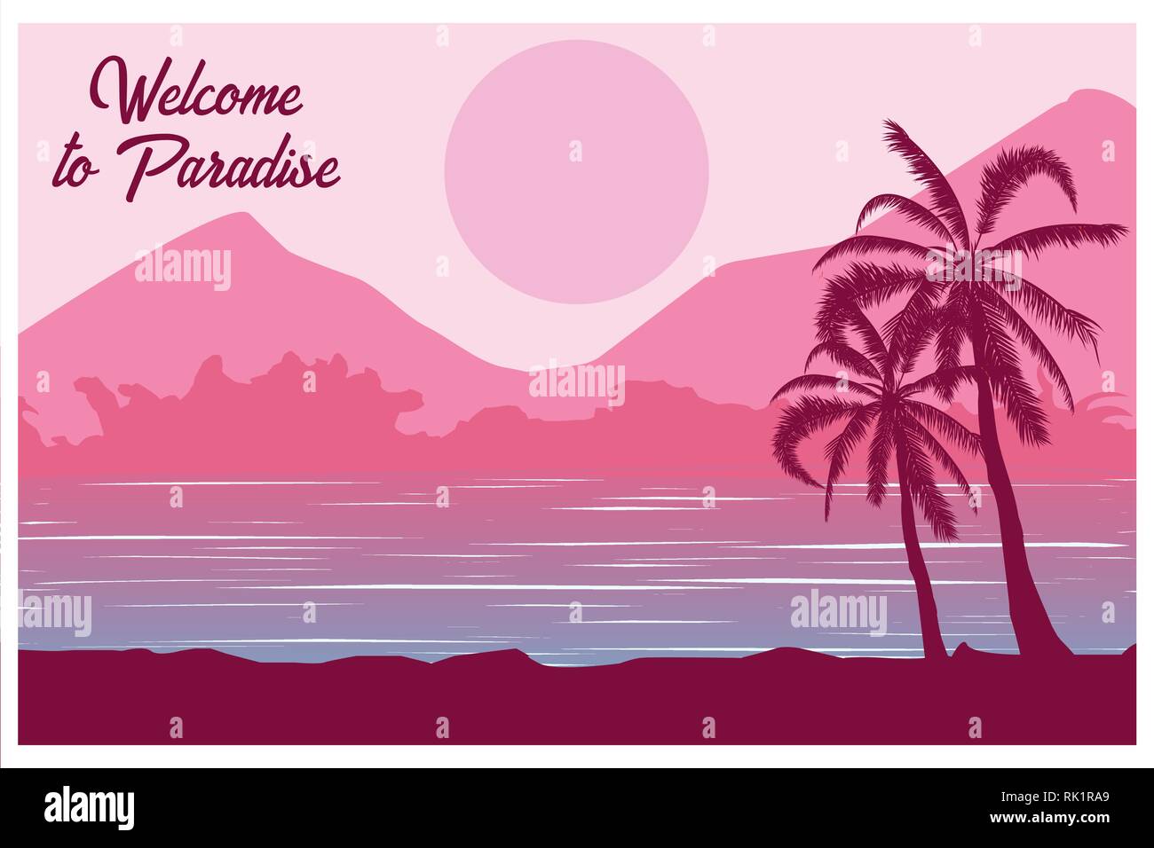 Tropical landscape. Postcard Welcome to paradise Summer background. Palm trees silhouette. Vector illustration. Stock Vector