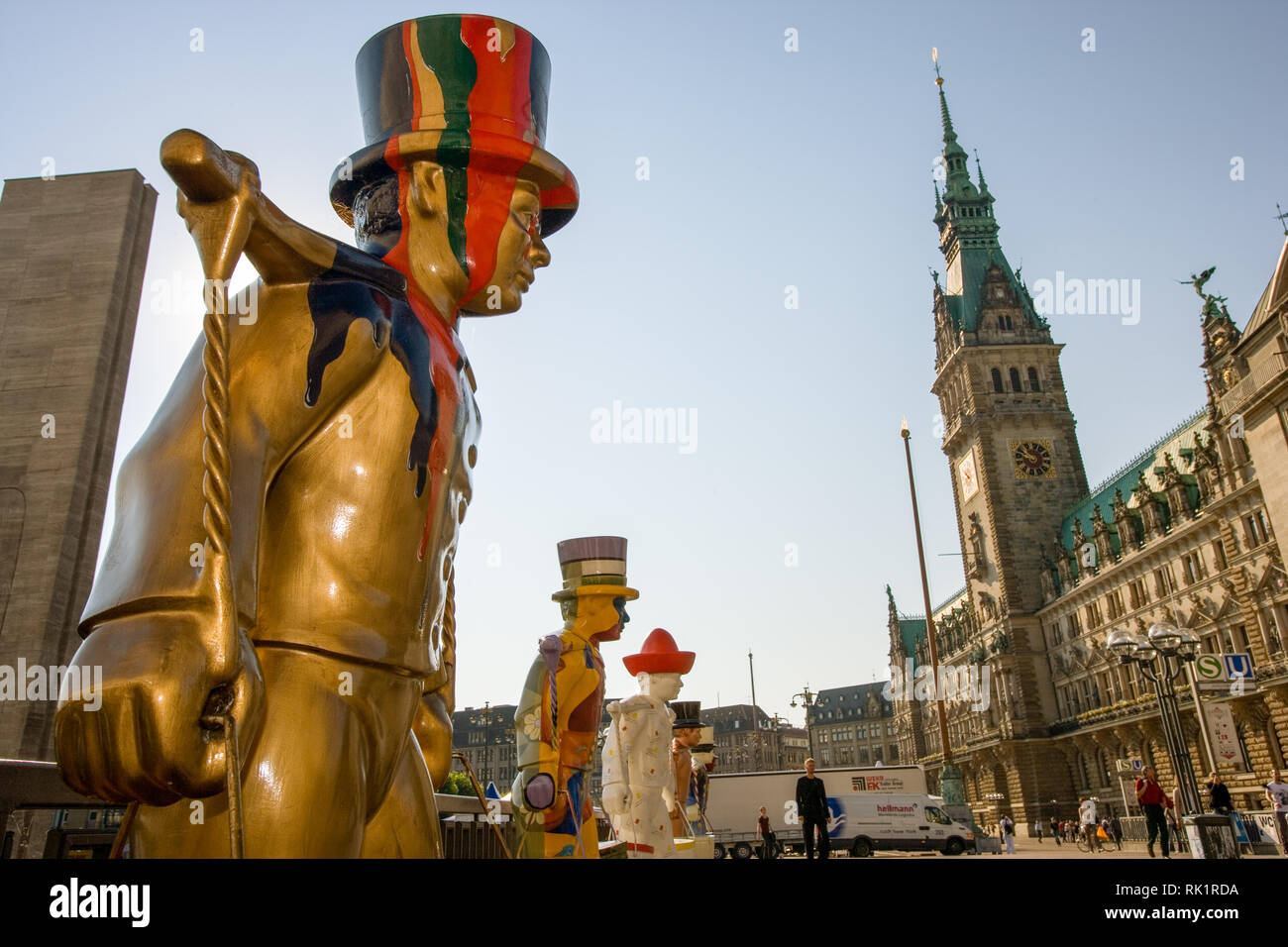 Hamburg, Germany; View of the Rathaus (Town Hall) with statues of the city mascot, Hans Hummel. Stock Photo