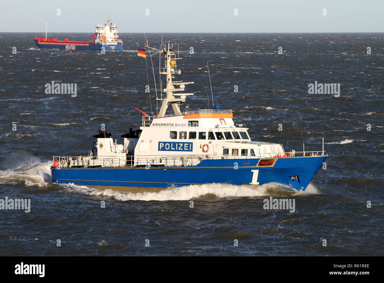 The police ship Bürgermeister Brauer patrols on 2 January 2019 on the Elbe at the height of Cuxhaven. Stock Photo