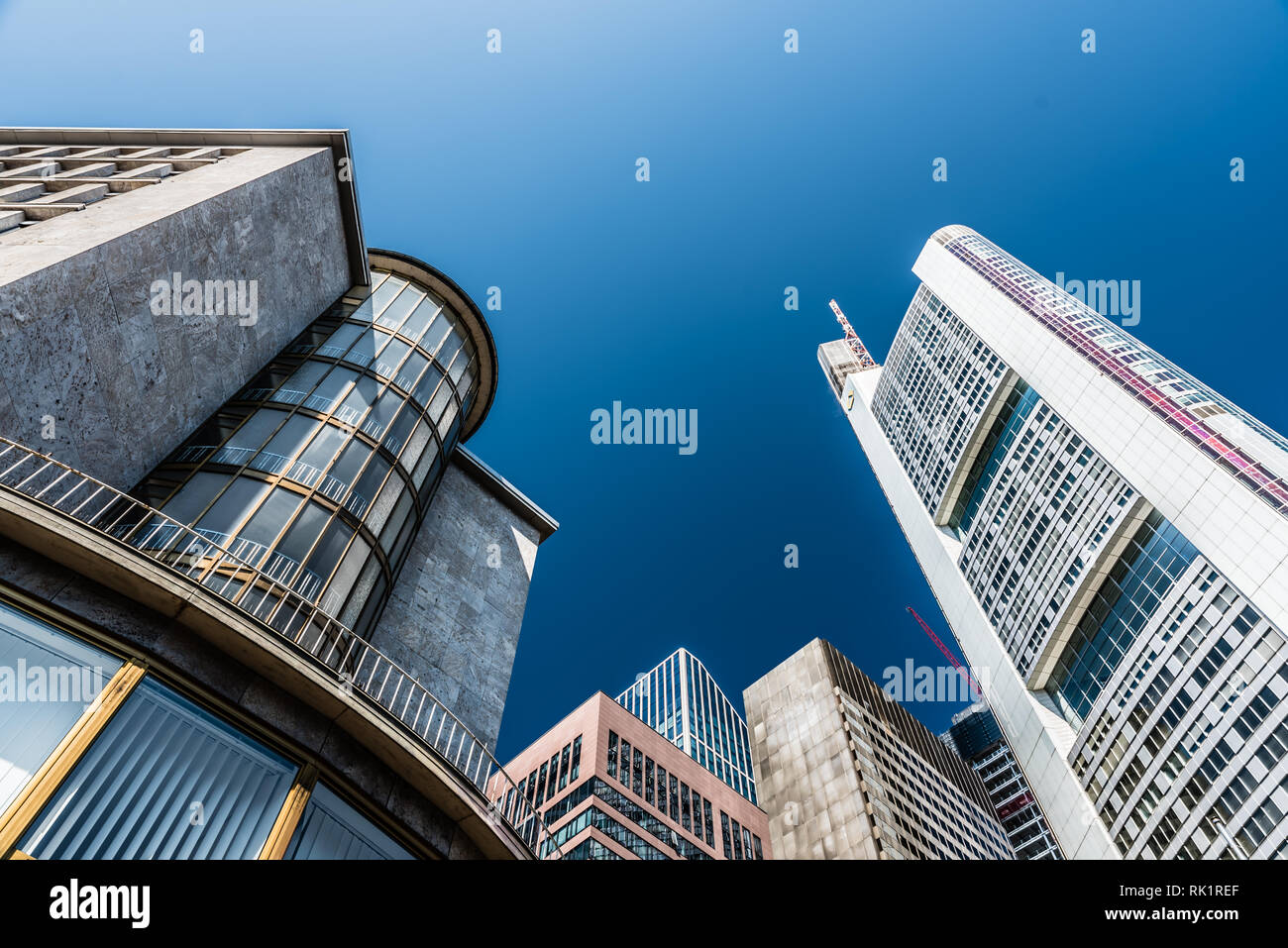 Office buildings and skyscrapers in the business district of Frankfurt am Main, Hesse, Germany Stock Photo