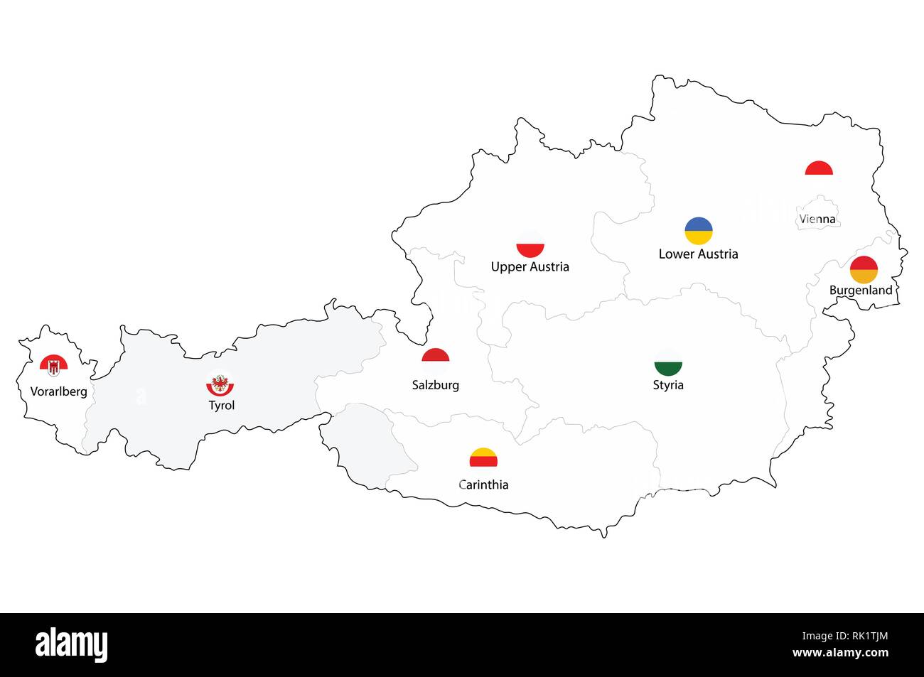 Vector illustration map of Austria federal states with names and flags isolated on white background. Stock Vector