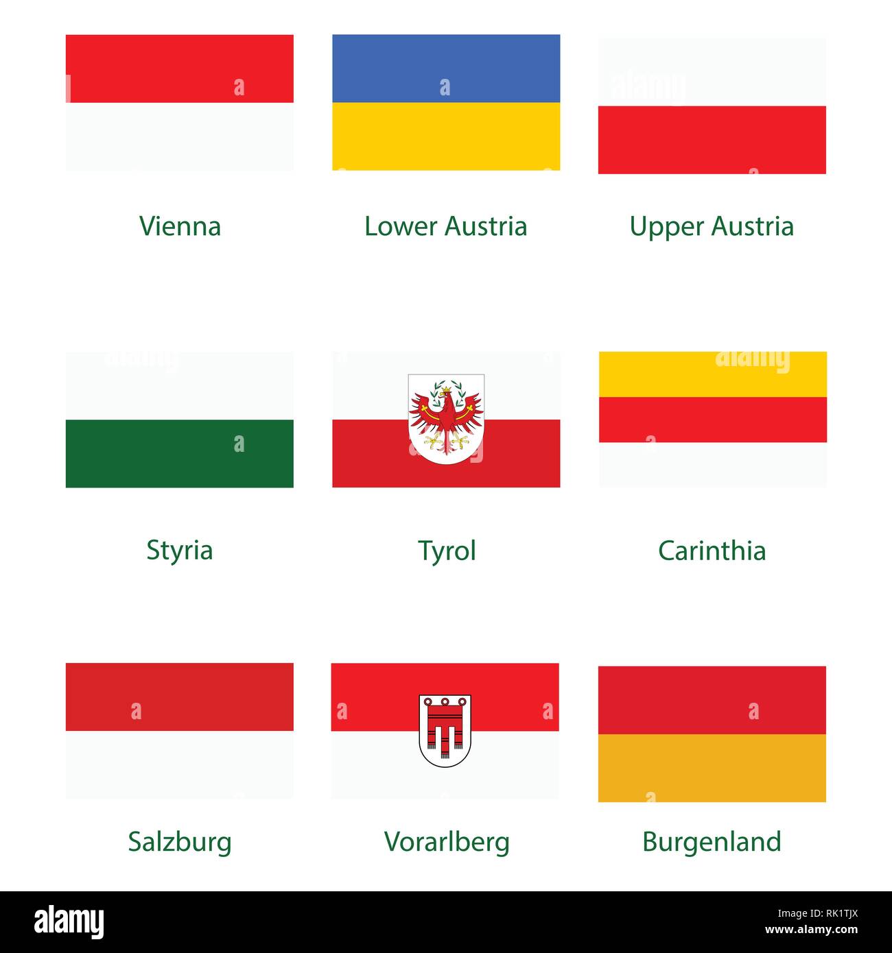 Vector icon set, collection Austria federal states flags. Burgenland, Vorarlberg, Salzburg, Tyrol, Carinthia, Styria, Lower and Upper Austria. Stock Vector