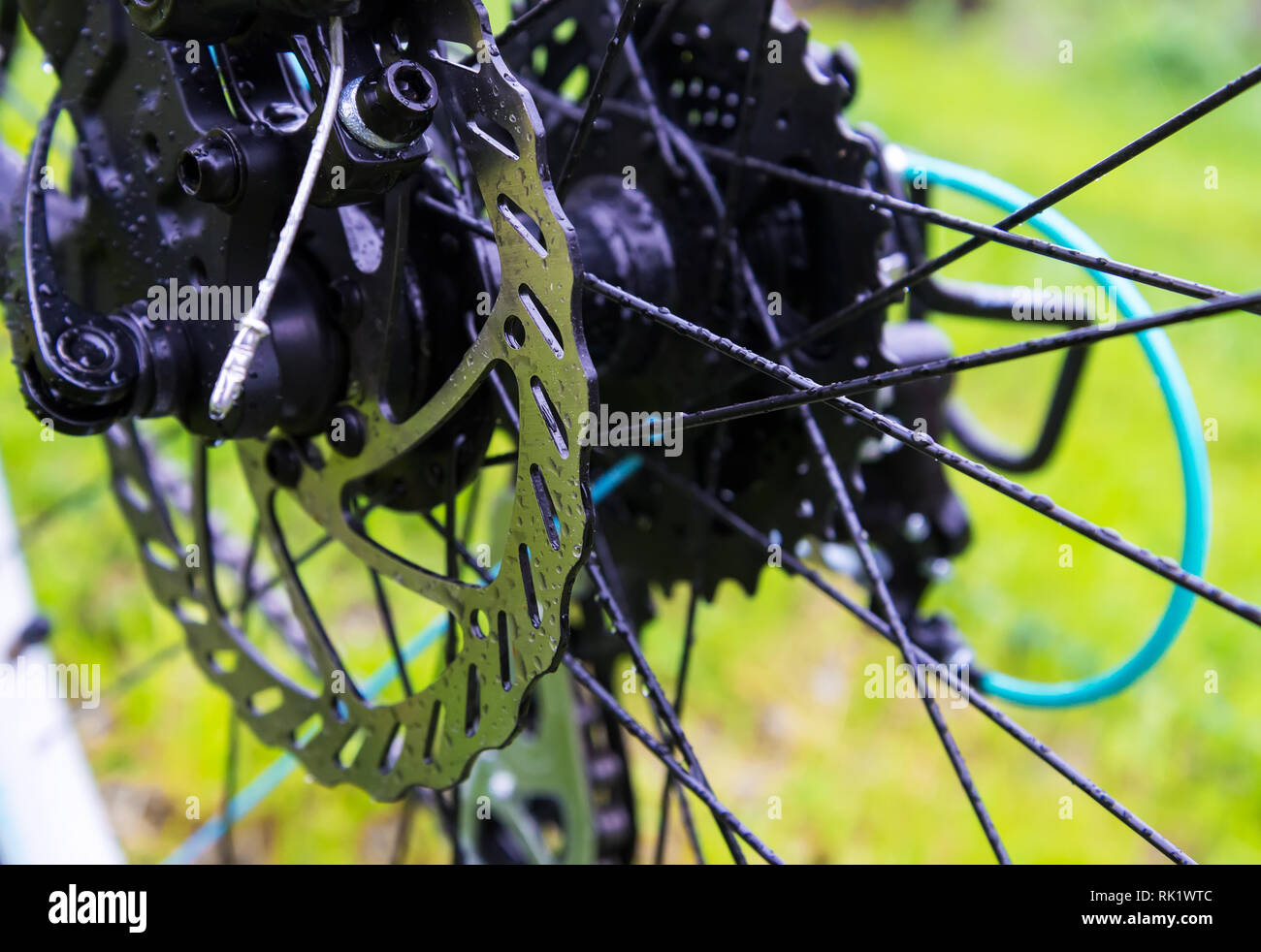 Wet after rain a bicycle brake disc on green grass background Stock