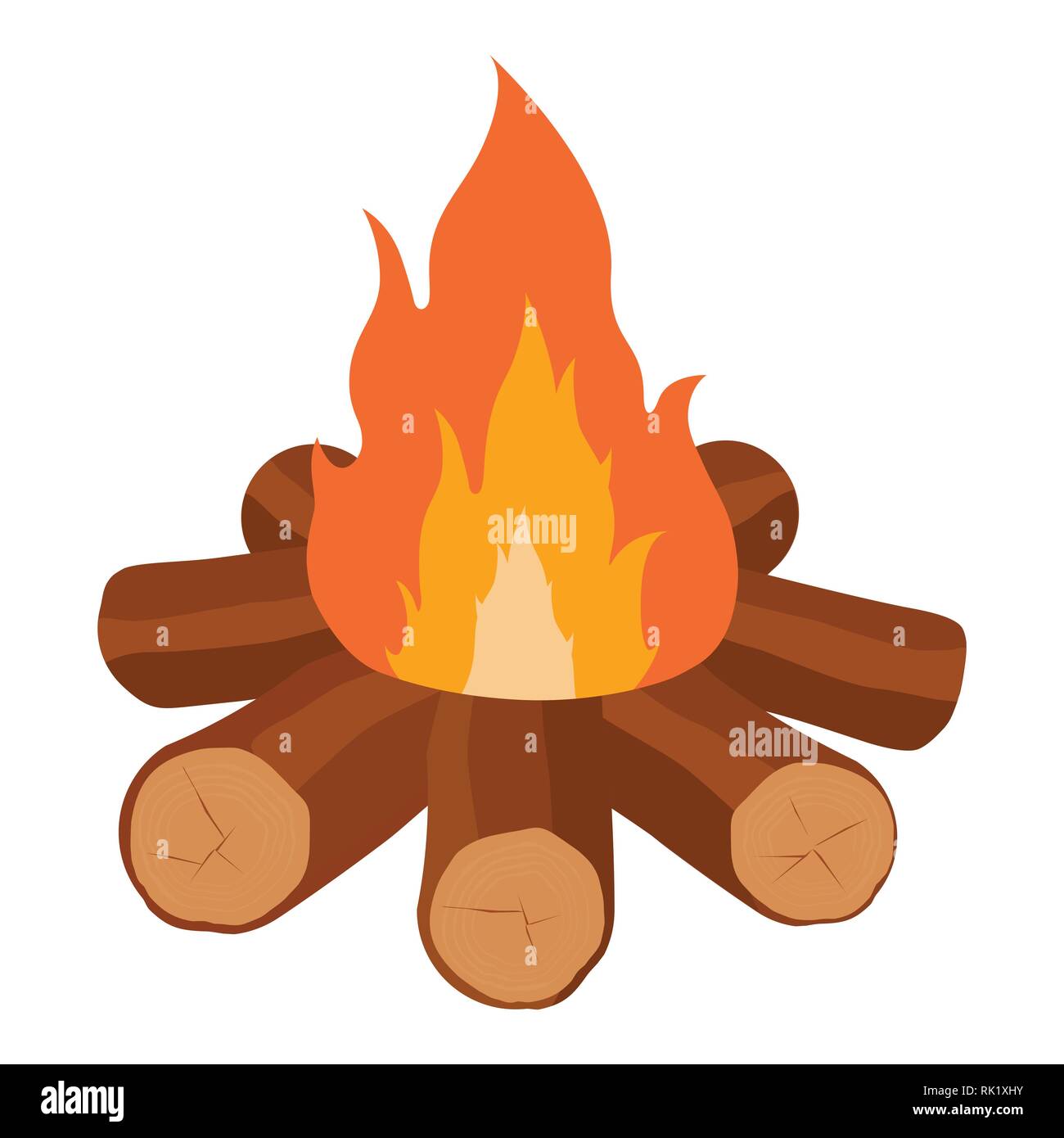 Campfire vector icon illustration isolated on white. Crossed logs and fire flame.  Burning bonfire with wood Stock Vector