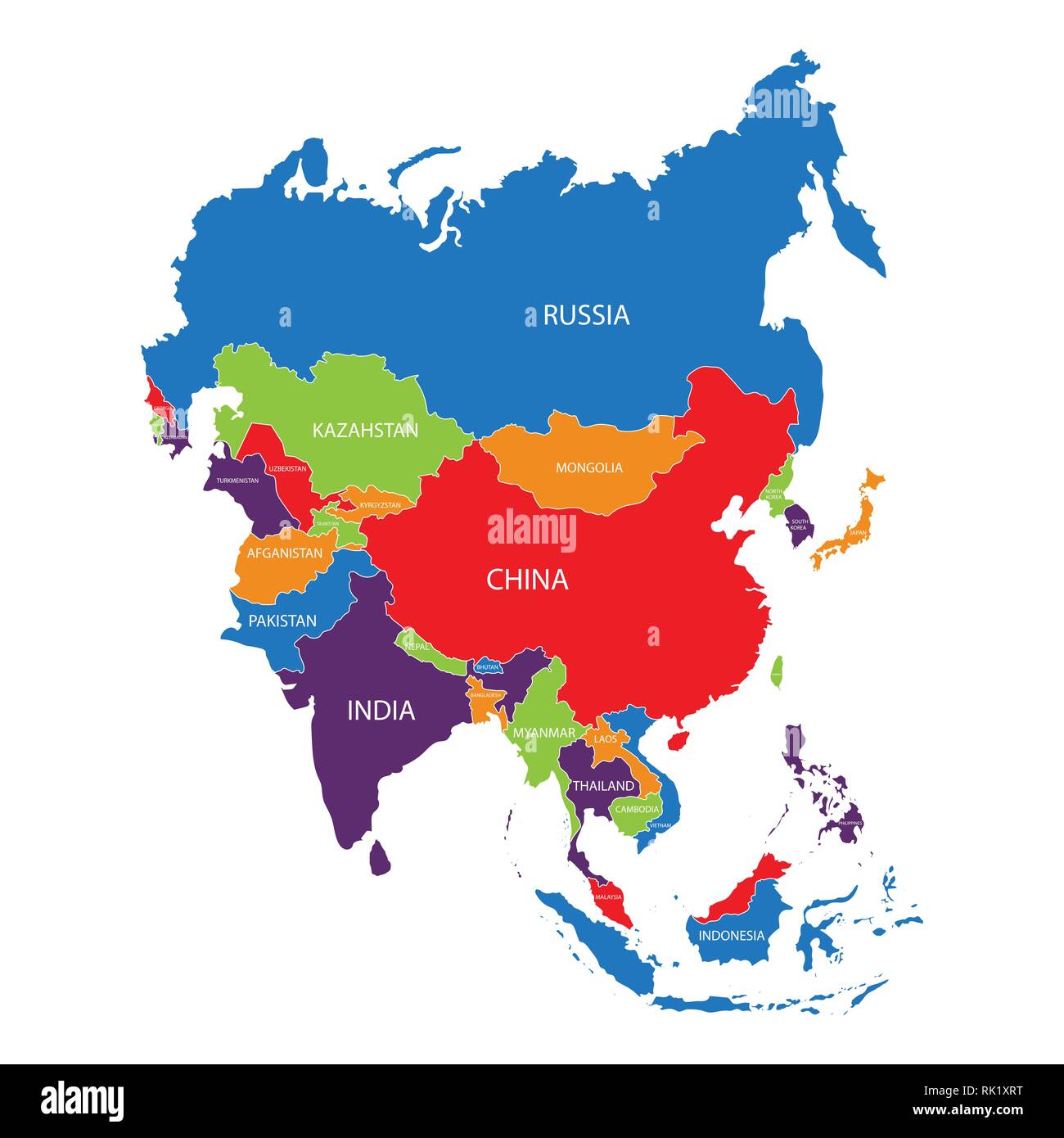 Asian Continent Countries Map Vector illustration Asia outline map with countries names isolated 