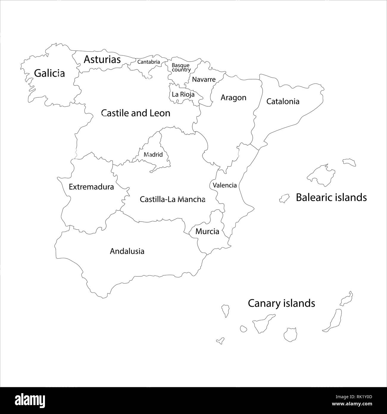 Vector illustration outline line drawing of Spain regions map with names. Stock Vector