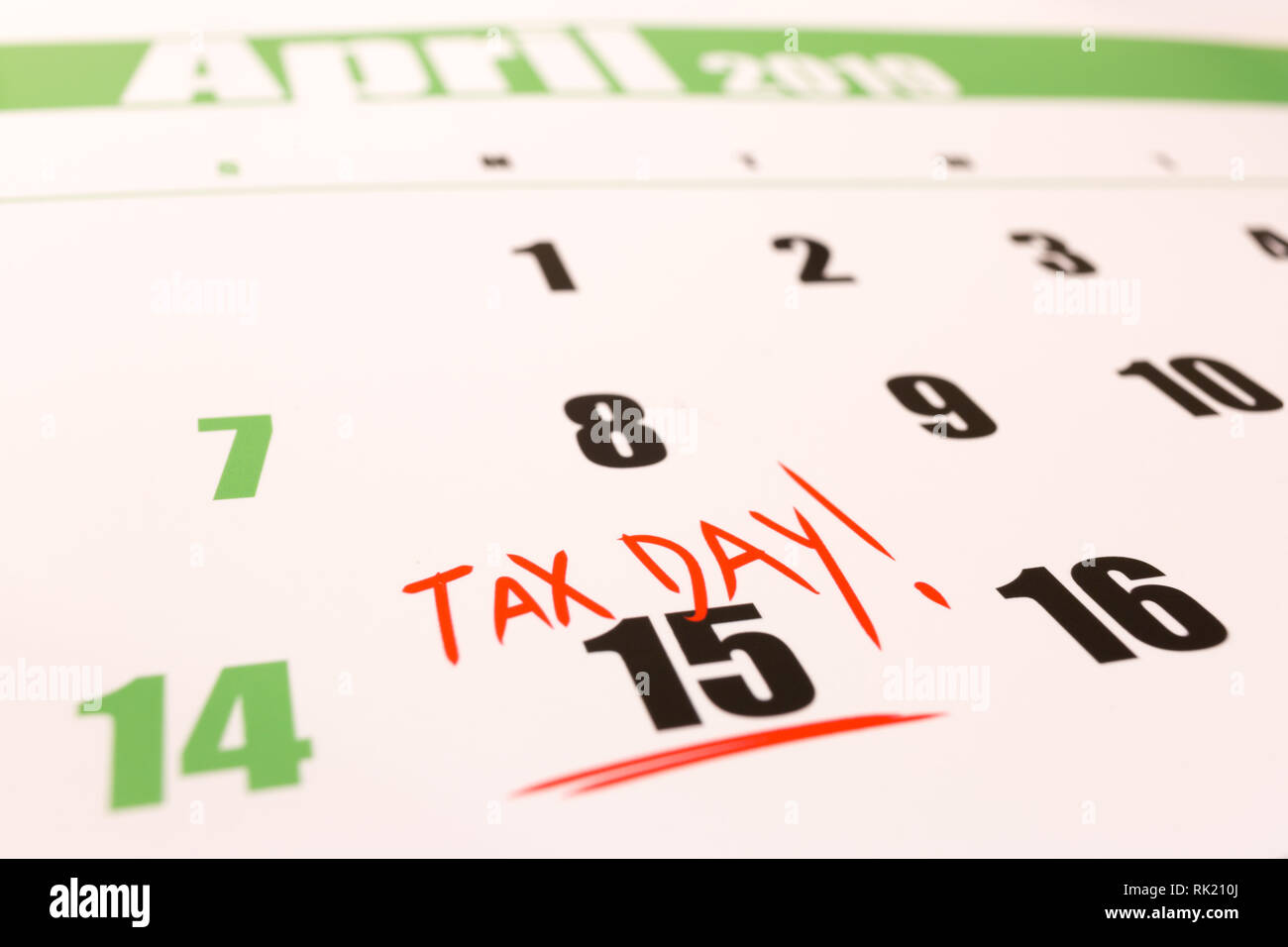 2019 calendar with marked tax day for filing on April 15 Stock Photo