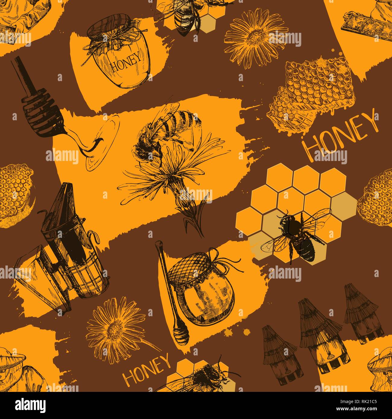 Seamless pattern of hand drawn sketch style beekeeping themed objects. Vector illustration. Stock Vector