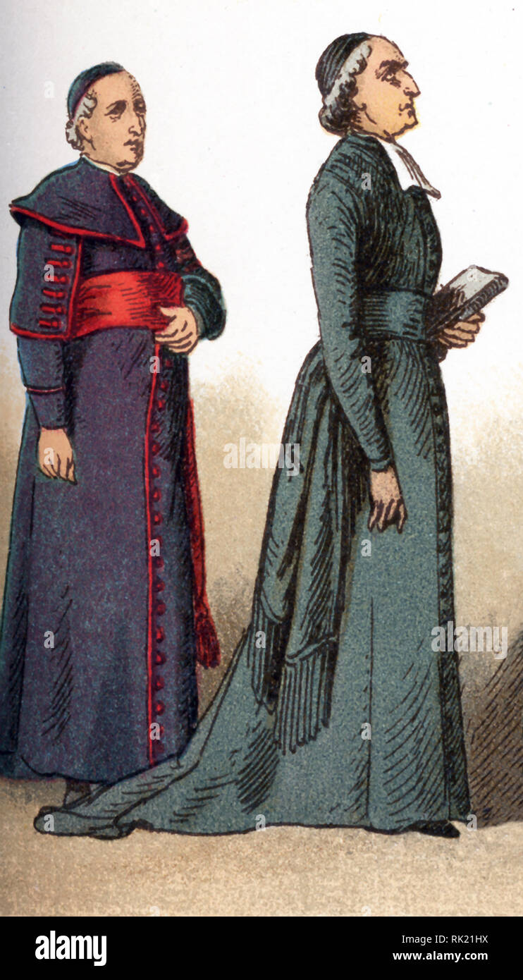 The illustrations shown here depict ecclesiastical costumes. They are, from left to right: a bishop in the Zimarra and a priest in the soutanne. The illustration dates to 1882. Stock Photo