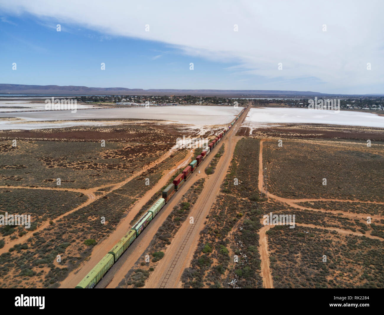 Container double decker freight train coming from Perth to Port Augusta South Australia Stock