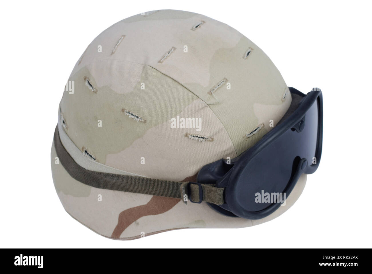 US army kevlar helmet with goggles and camouflage cover isolated on white background Stock Photo