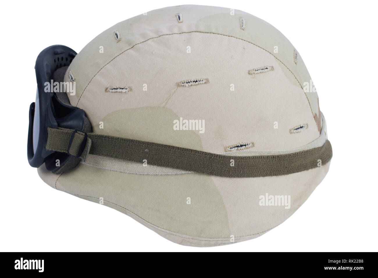 US army kevlar helmet with goggles and camouflage cover isolated on white background Stock Photo